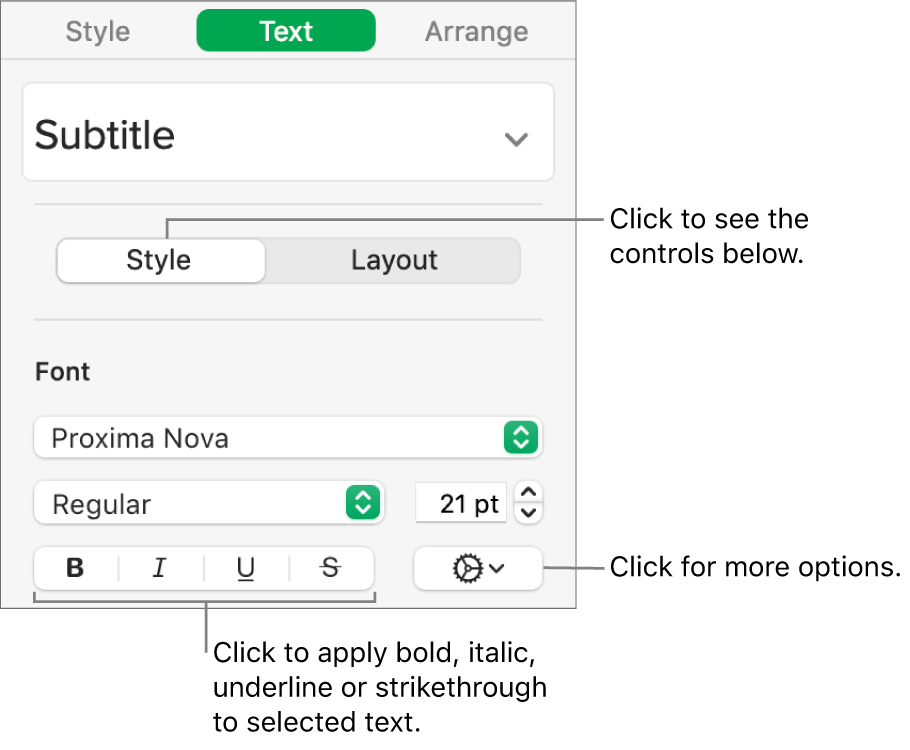 The Style controls in the sidebar with callouts to the Bold, Italic, Underline and Strikethrough buttons.