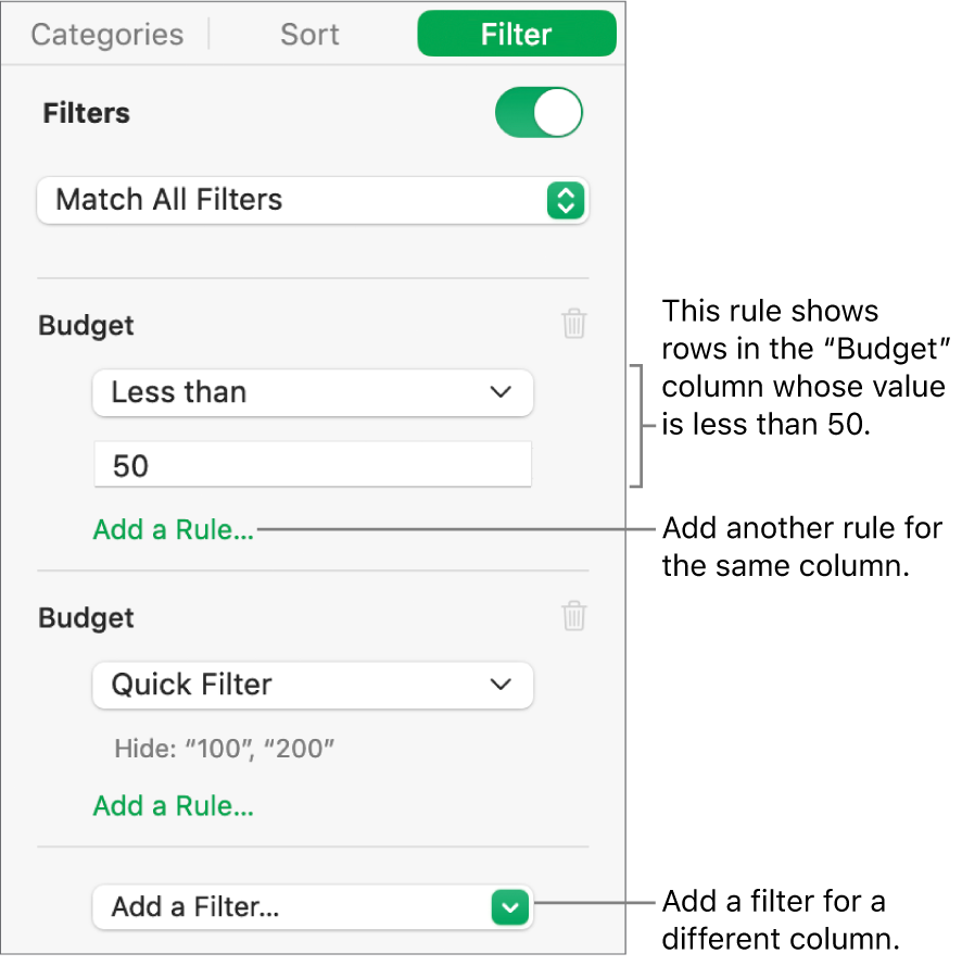 Controls for creating filtering rules.