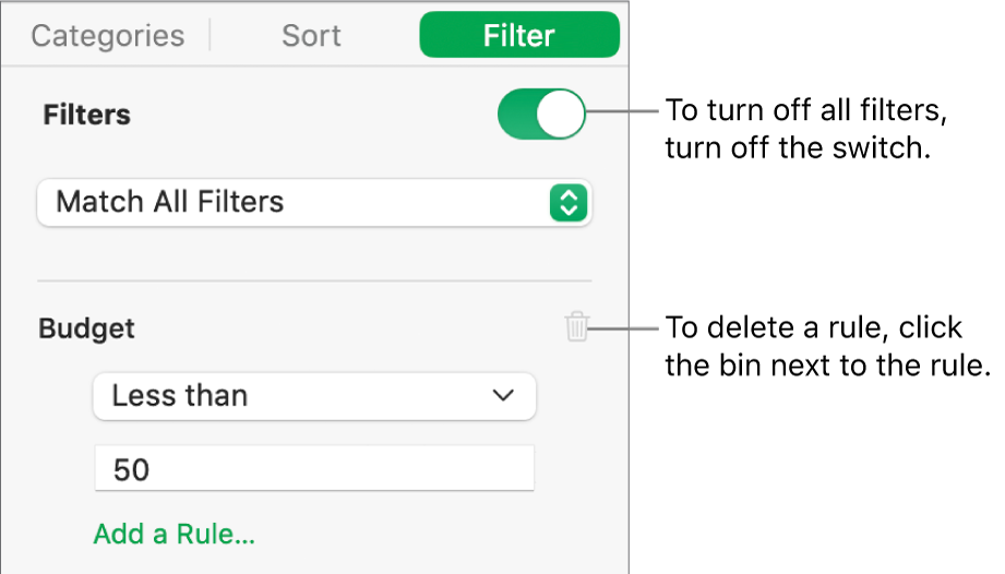 Controls for deleting a filter or turning all filters off.