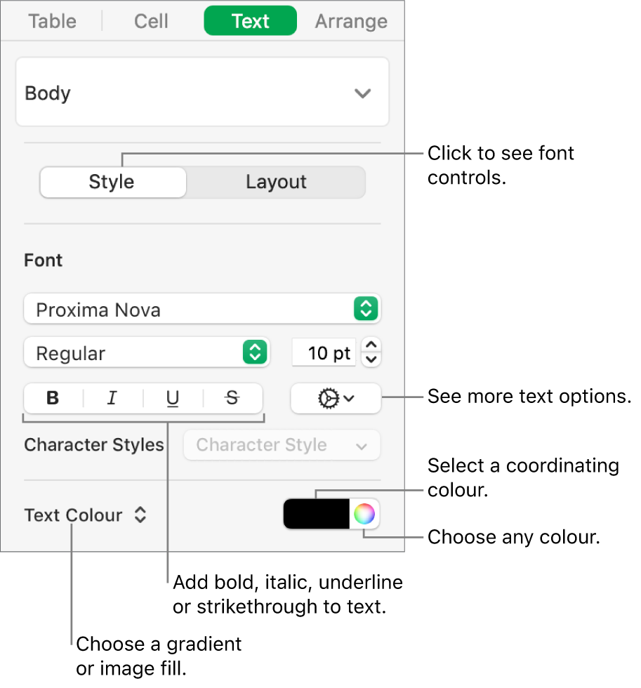 The controls for styling table text.