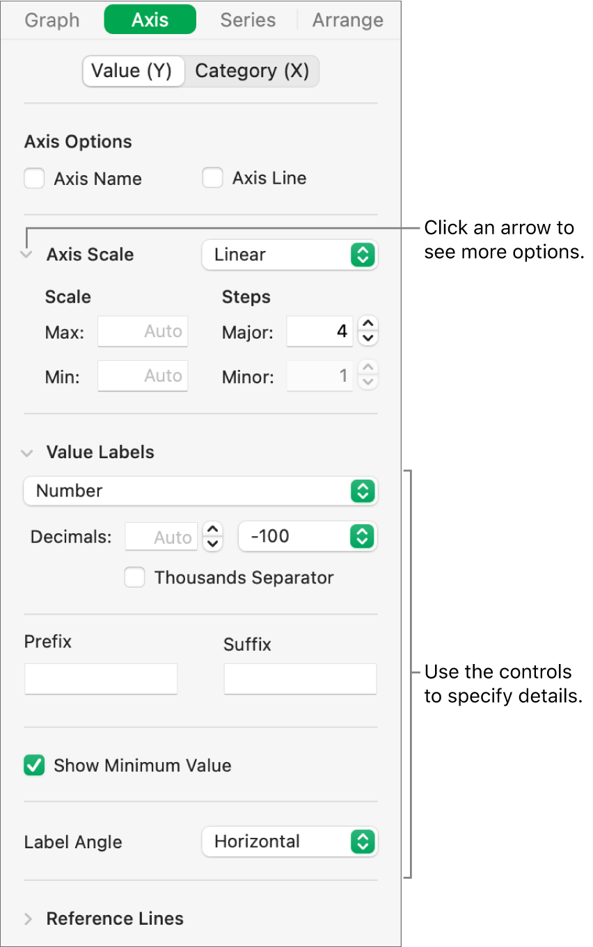 Controls for formatting graph axis markings.