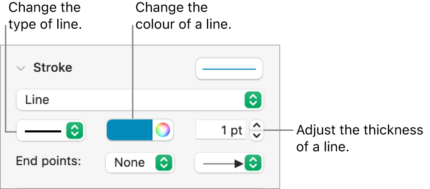 The stroke controls for setting end points, line thickness and colour.