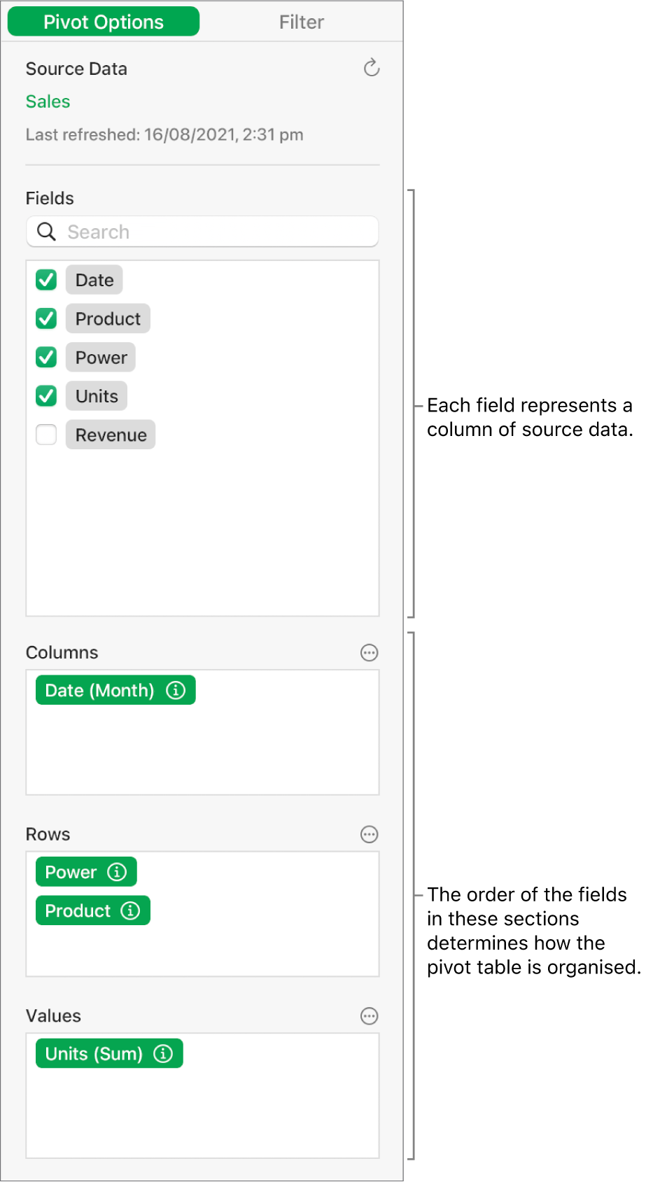 The Pivot Options menu showing fields in the Columns, Rows and Values sections, as well as controls to edit the fields and refresh the pivot table.