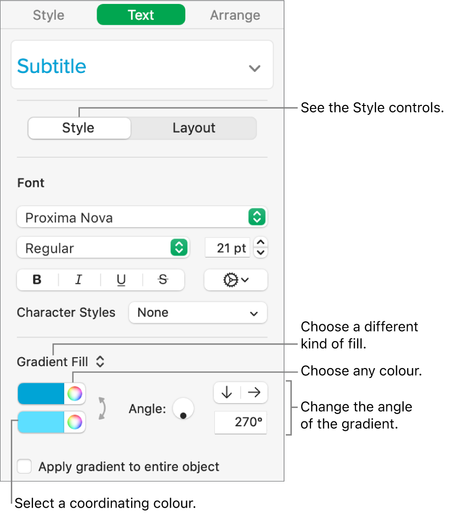 Text sidebar, showing how to change the colour of text.