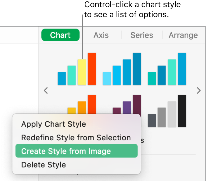 The chart style shortcut menu.