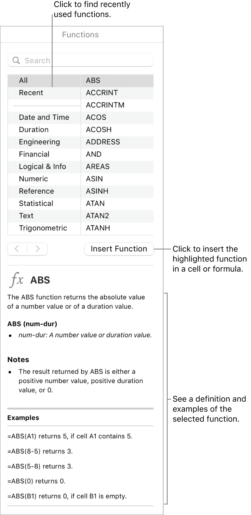 The Functions Browser with callouts to recently used functions, the Insert Function button and the function definition.