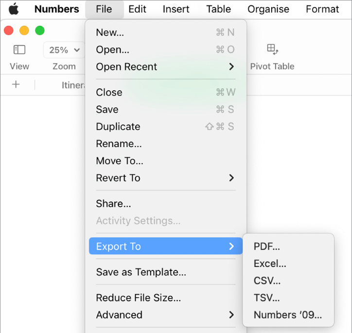 The File menu open with Export To selected, with its submenu showing export options for PDF, Excel, CSV and Numbers ’09.