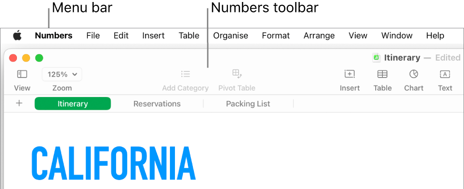 The menu bar at the top of the screen with Apple, Numbers, File, Edit, Insert, Table, Organise, Format, Arrange, View, Window and Help menus. Below the menu bar is an open Numbers spreadsheet with toolbar buttons across the top for View, Zoom, Add Category, Pivot Table, Insert, Table, Chart and Text