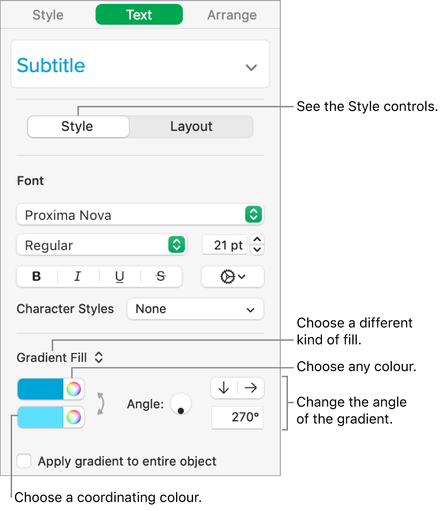 Text sidebar, showing how to change the colour of text.