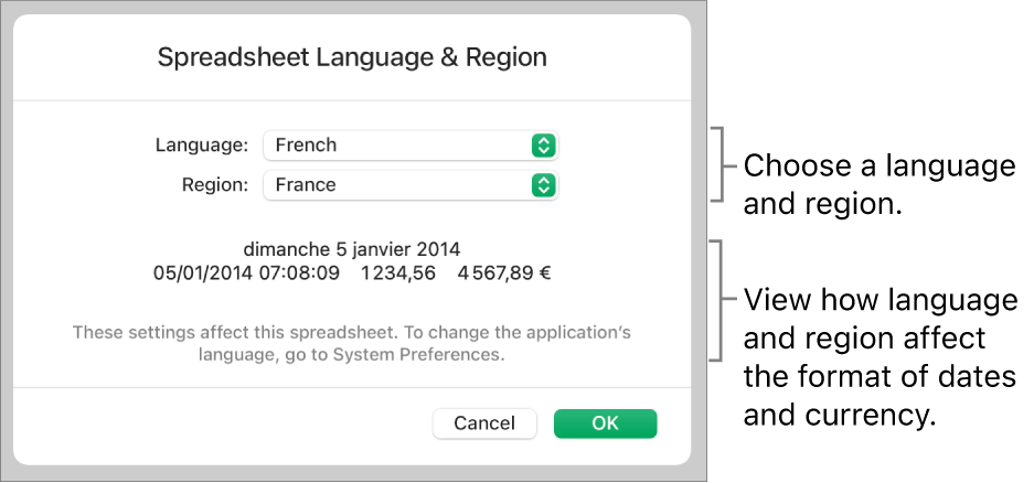 Language & Region pane with controls for language and region, and a format example including date, time, decimal and currency.