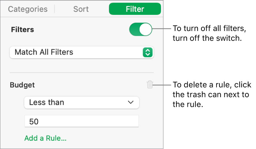 Controls for deleting a filter or turning off all filters.