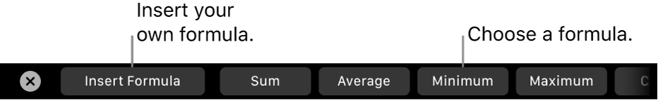 The MacBook Pro Touch Bar with controls for inserting your own formula and choosing a commonly used formula.
