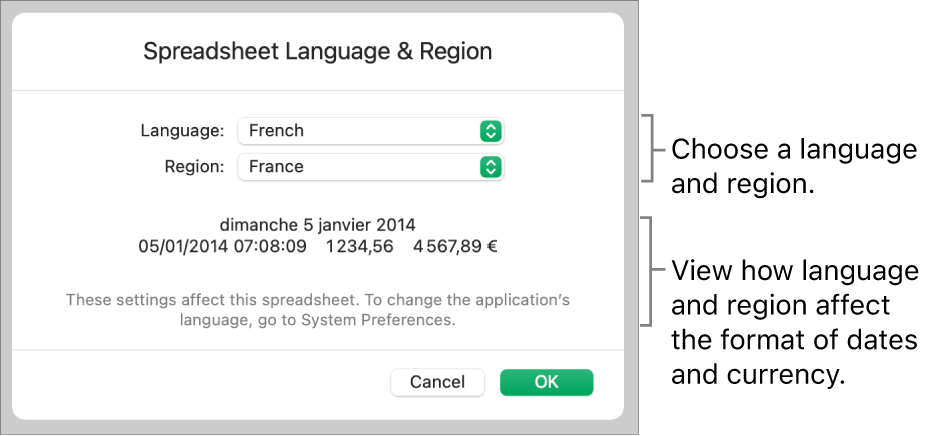 Language & Region pane with controls for language and region, and a format example including date, time, decimal, and currency.