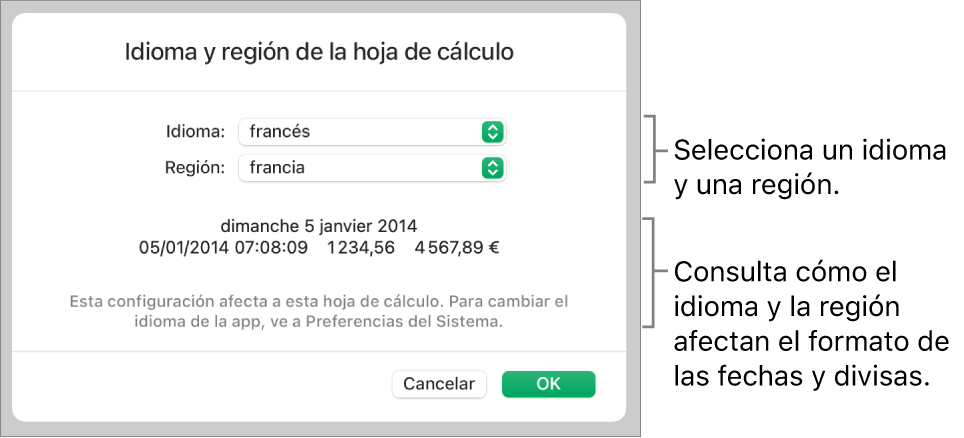 El panel Idioma y región con controles para el idioma y la región, y un ejemplo de formato que incluye una fecha, una hora, y formatos decimales y de moneda.