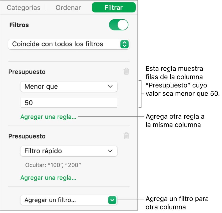 Controles para crear reglas de filtro.