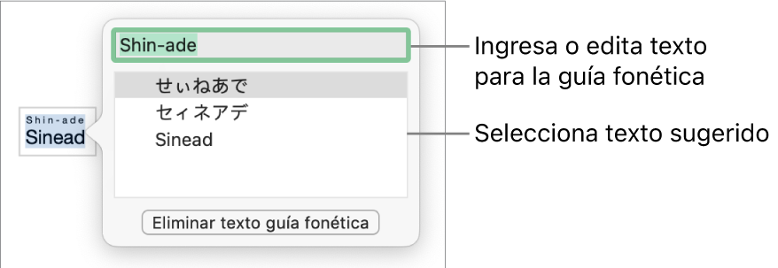 Guía fonética abierta para una palabra, con mensajes en el campo de texto y en el texto sugerido.