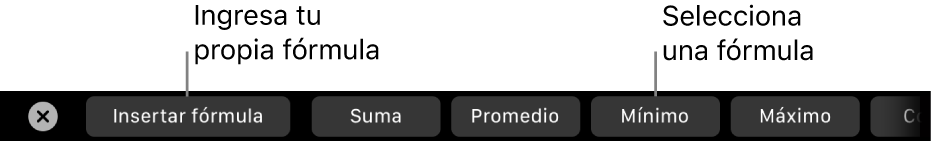 La Touch Bar de la MacBook Pro con controles para insertar tu propia fórmula y para seleccionar una fórmula utilizada comúnmente.