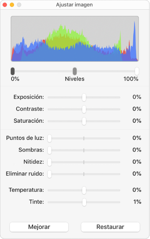 La ventana Ajustar imagen con reguladores para ajustar la exposición, el contraste, la saturación, los puntos de luz, las sombras, la nitidez, la eliminación de ruido, la temperatura y el tinte.