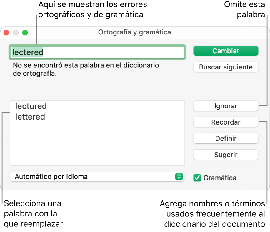 La ventana Ortografía y gramática.