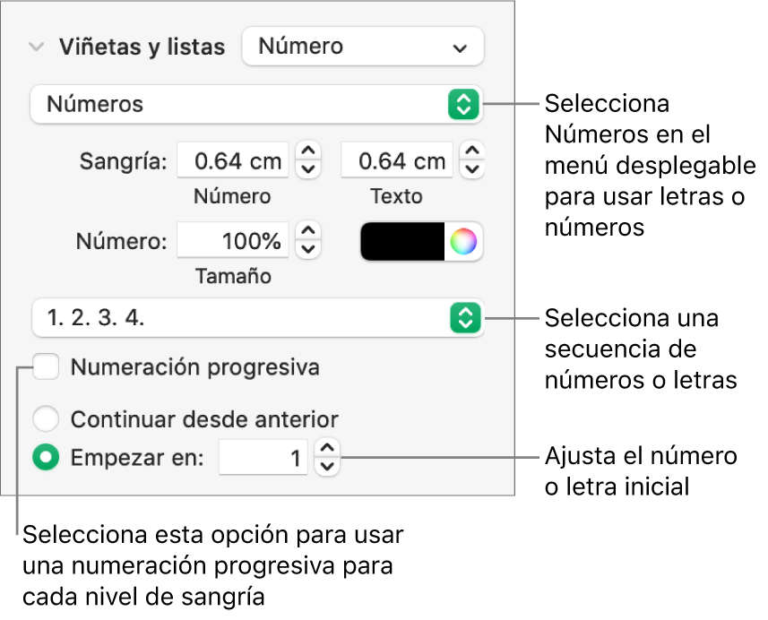 Controles para cambiar el estilo de numeración y el espaciado de una lista.