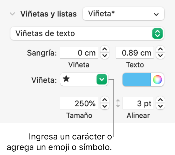 La sección Viñetas y listas de la barra lateral Formato. El campo Viñetas muestra un emoji de estrella.