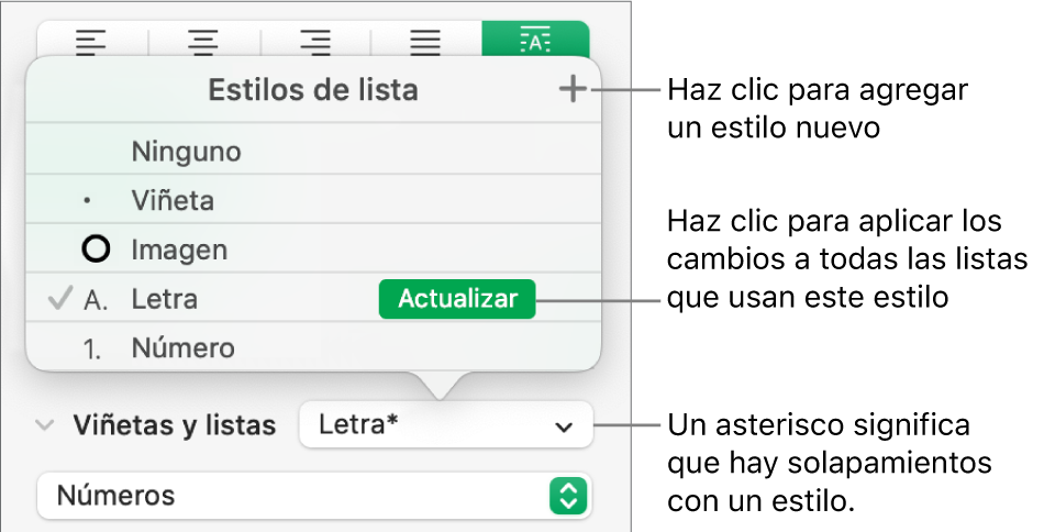 El menú desplegable Estilos de lista con un asterisco que indica una invalidación y globos al botón Nuevo estilo, así como un submenú de opciones para administrar estilos.