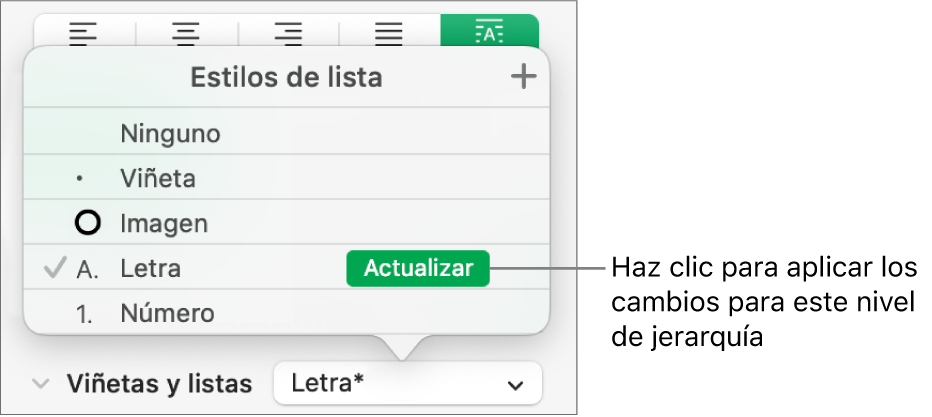 El menú desplegable Estilos de lista con el botón Actualizar junto al nombre del nuevo estilo.