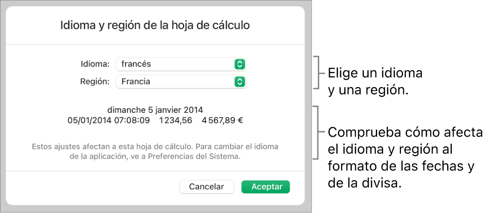 Panel “Idioma y región” con controles para el idioma y la región, y un ejemplo de formato que incluye la fecha, la hora, los decimales y la divisa.