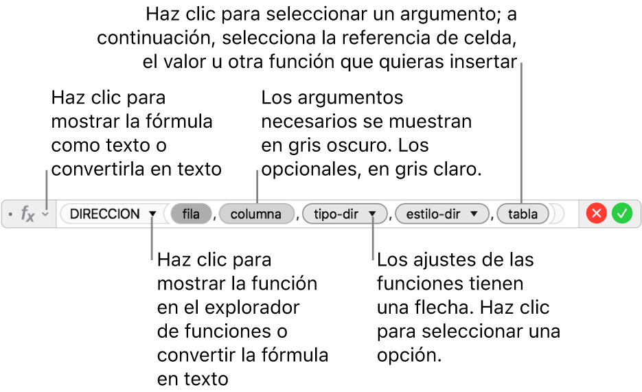 Editor de fórmulas con la función DIRECCION y sus identificadores de argumentos.