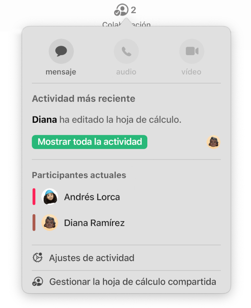 El menú de colaboración con los nombres de las personas que colaboran en la hoja de cálculo.