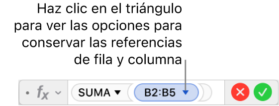 El editor de fórmulas con un triángulo en el que haces clic para abrir las opciones para conservar las referencias de fila y columna.