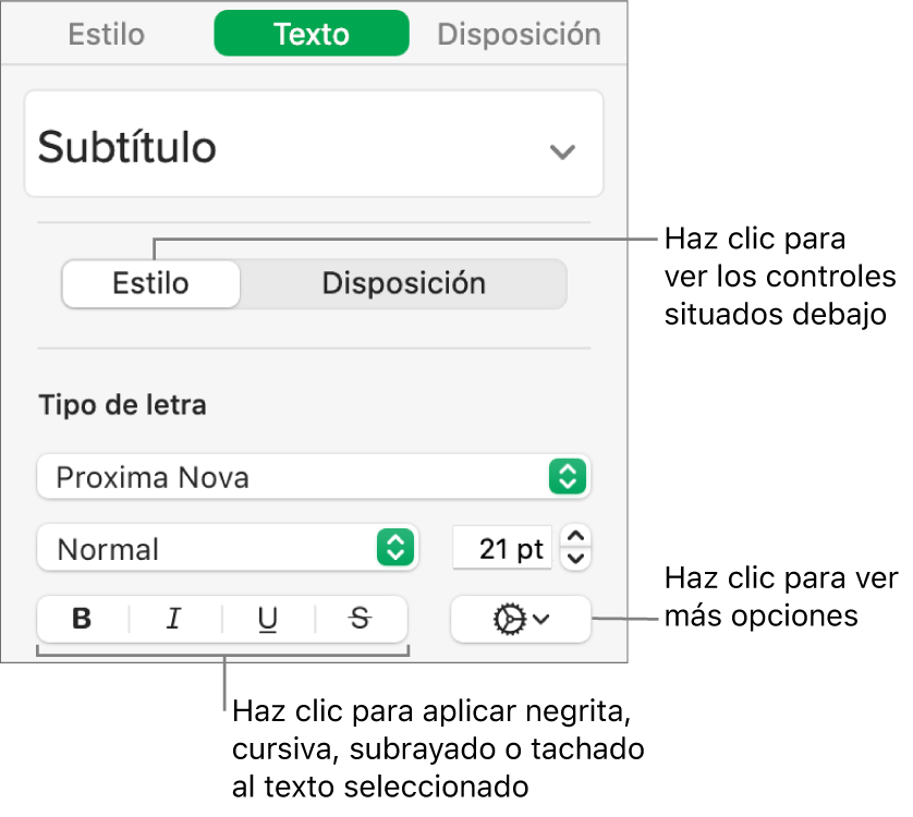 Los controles de Estilo de la barra lateral con llamadas a los botones de Negrita, Cursiva, Subrayado y Tachado.