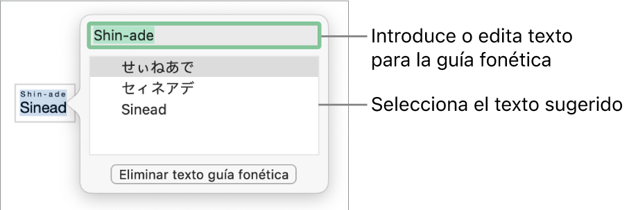 Guía fonética abierta para una palabra, con llamadas al campo de texto y al texto sugerido.