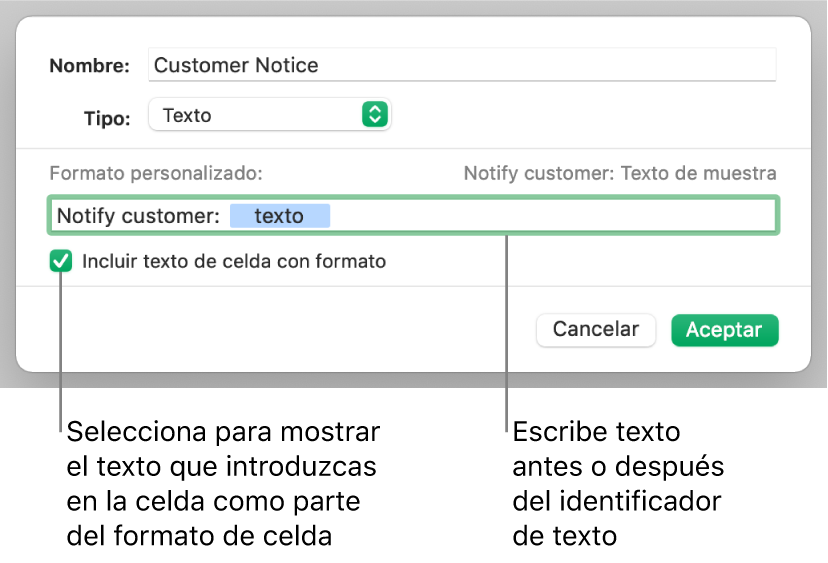 Formato de celda de texto personalizada.