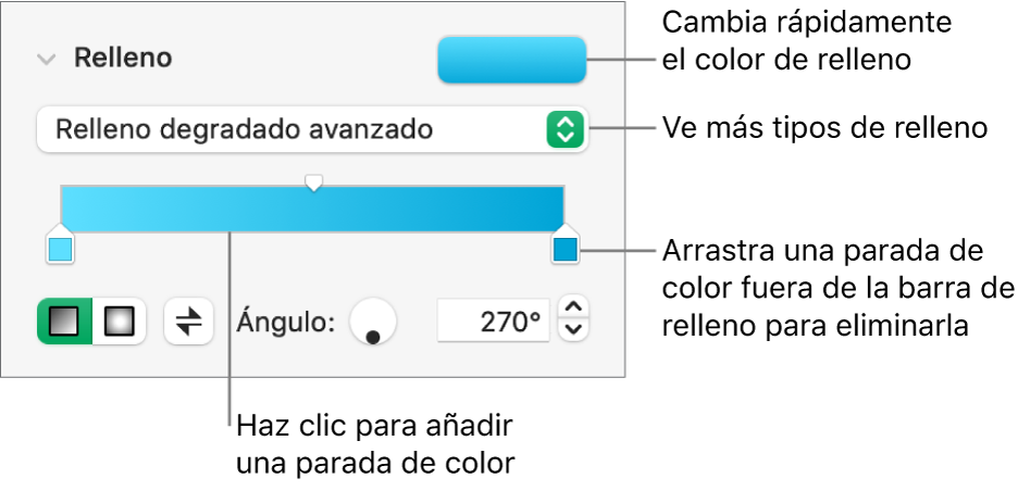 Controles para rellenar objetos con colores.