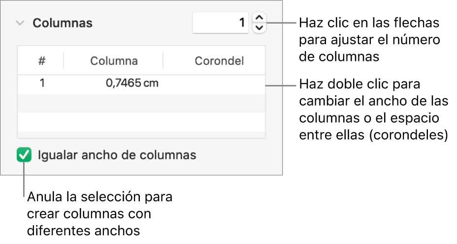 Controles de la sección de columnas para cambiar el número de columnas y la anchura de cada columna.