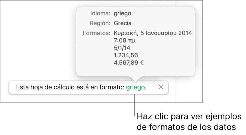 La notificación del ajuste de idioma y formato distinto, con ejemplos del formato en ese idioma y región.