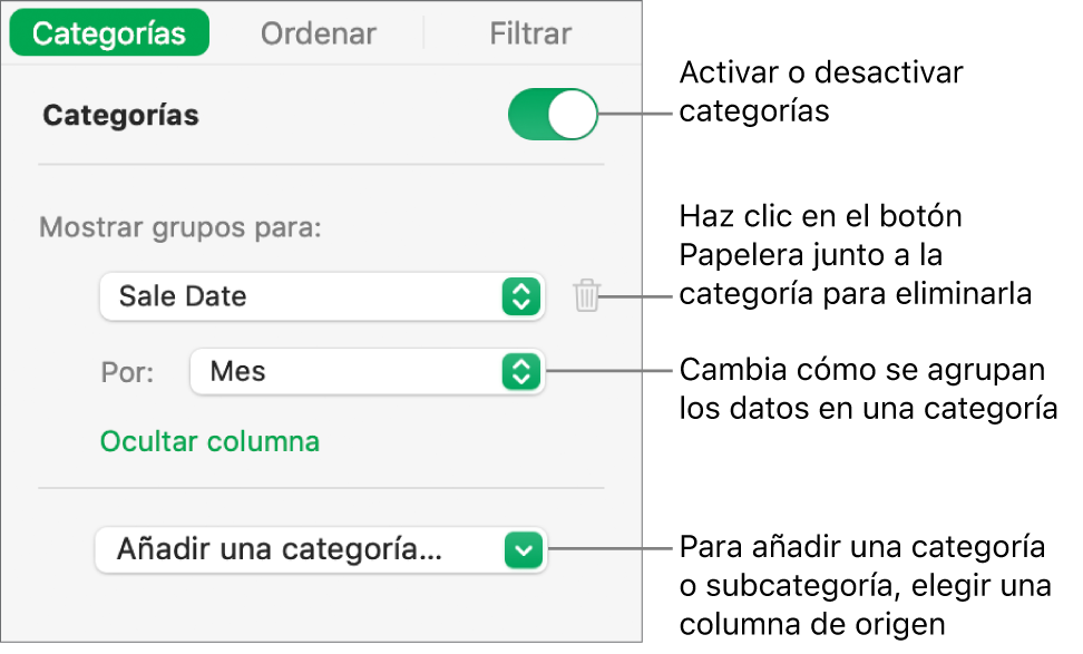 La barra lateral de categorías con opciones para desactivar categorías, eliminar categorías, reagrupar datos, ocultar una columna de origen y añadir categorías.