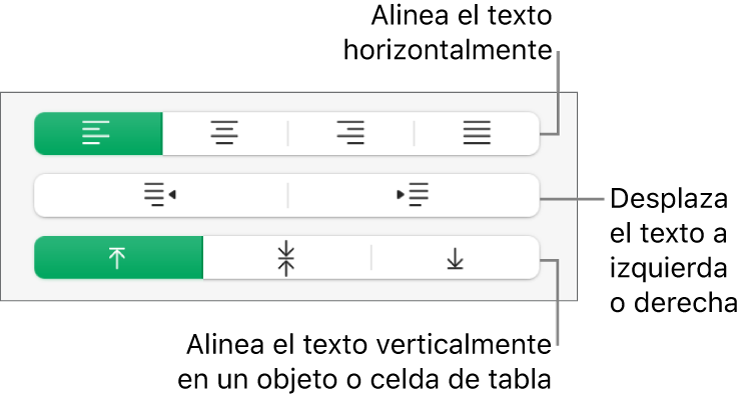 Sección Alineación con botones para alinear el texto horizontalmente, mover el texto hacia la izquierda o hacia la derecha, y alinear el texto verticalmente.