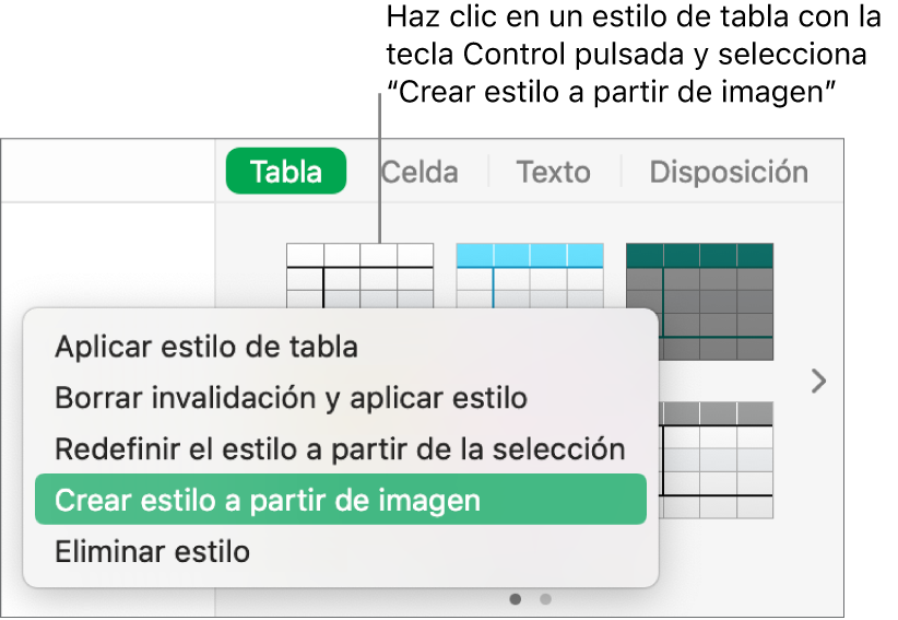 El menú de funciones rápidas de estilo de tabla.