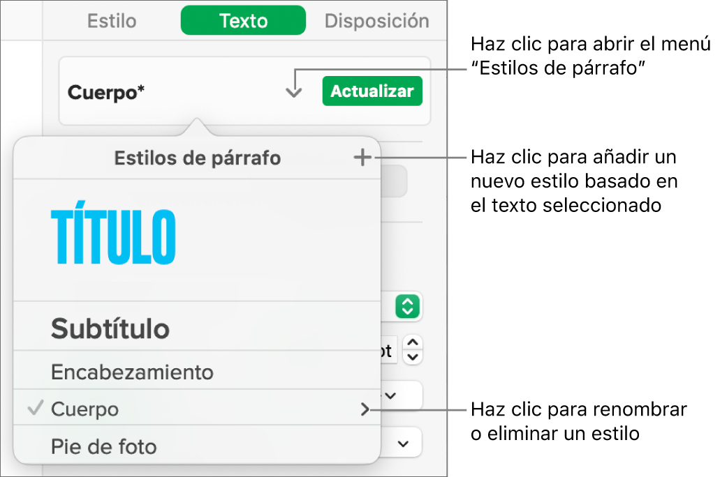 El menú “Estilos de párrafo”, con los controles para añadir o cambiar un estilo.