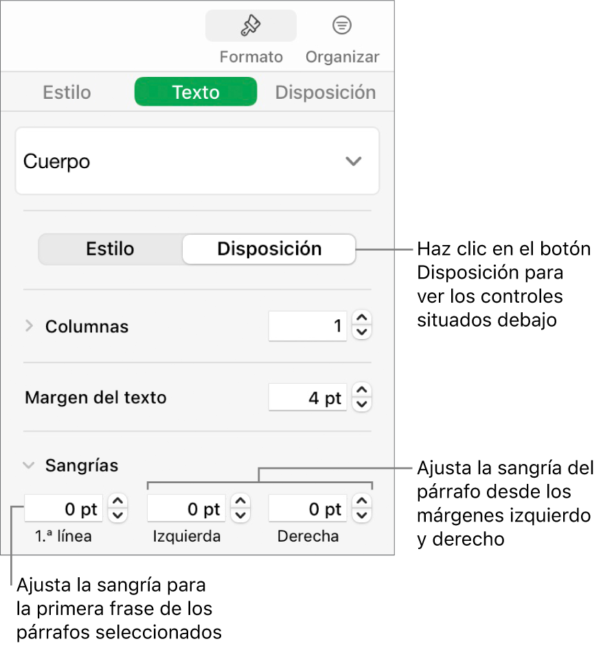 La sección Disposición de la barra lateral Formato con controles para ajustar la sangría de la primera línea y los márgenes de párrafo.