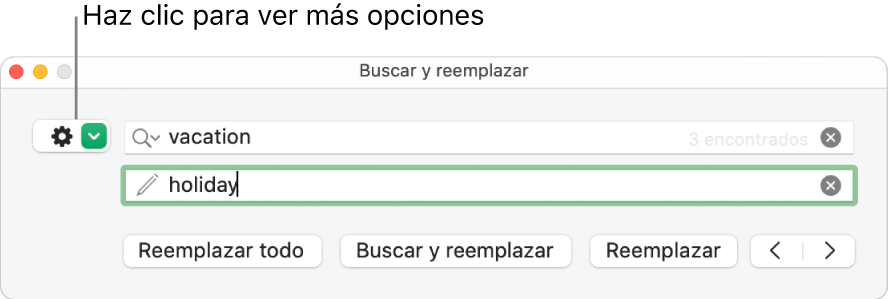 La ventana “Buscar y reemplazar” con una llamada al botón para mostrar más opciones.
