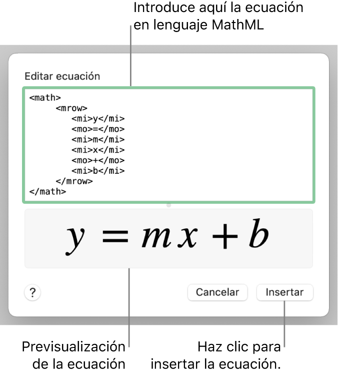 La ecuación de la pendiente de una recta en el campo “Editar ecuación” y la previsualización de la fórmula a continuación.