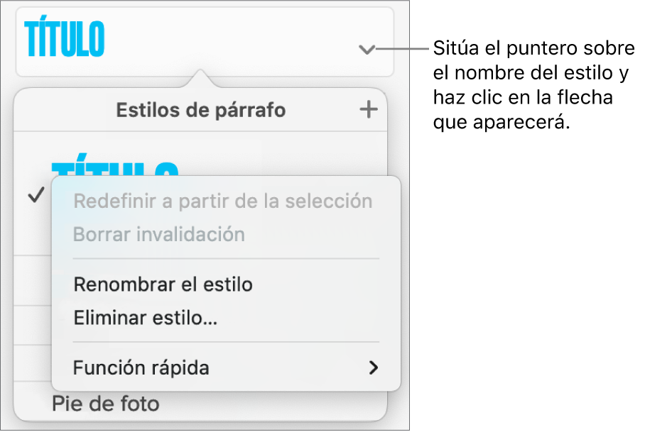 El menú “Estilos de párrafo” con el menú de función rápida abierto.