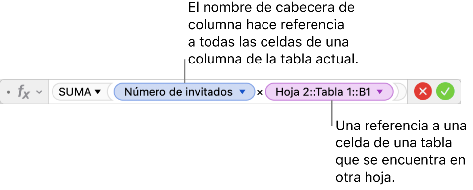 El editor de fórmulas con una fórmula que hace referencia a una columna de una tabla y una celda de otra tabla.