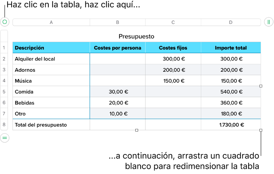 Una tabla seleccionada con cuadrados blancos para redimensionarla.