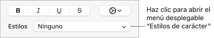 El menú desplegable “Estilos de carácter” debajo de los controles para cambiar el estilo y el color del texto.