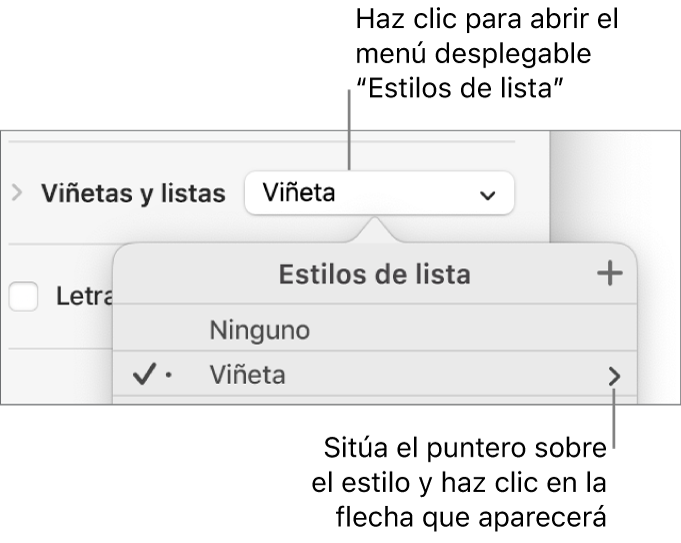 El menú desplegable “Estilos de lista” con un estilo seleccionado y una flecha en el extremo derecho.