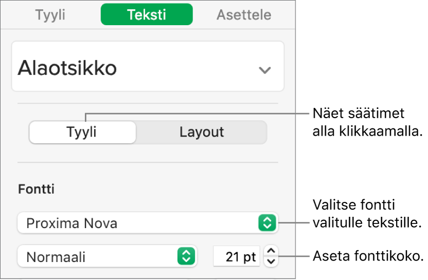 Muoto-sivupalkin Tyyli-osion tekstisäätimet fontin ja fonttikoon asettamiseen.